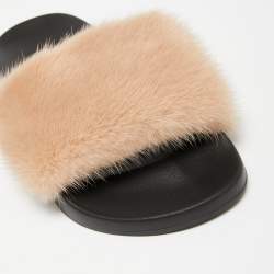 Pre Owned Givenchy Beige Mink Fur Flat Slides Sandals Size 38