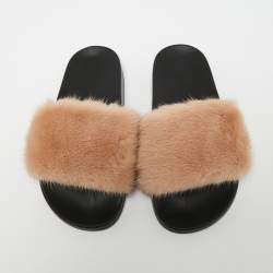 Pre Owned Givenchy Beige Mink Fur Flat Slides Sandals Size 38