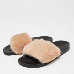 Pre Owned Givenchy Beige Mink Fur Flat Slides Sandals Size 38