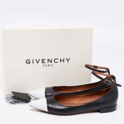 Pre Owned Givenchy Black/White Leather Cap Toe Ankle-Strap Ballet Flats Size 41.5 