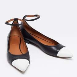 Pre Owned Givenchy Black/White Leather Cap Toe Ankle-Strap Ballet Flats Size 41.5 