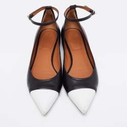 Pre Owned Givenchy Black/White Leather Cap Toe Ankle-Strap Ballet Flats Size 41.5 