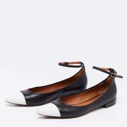 Pre Owned Givenchy Black/White Leather Cap Toe Ankle-Strap Ballet Flats Size 41.5 