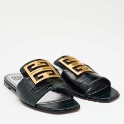 Pre Owned Givenchy Green Croc Embossed Leather 4G Flat Slides Size 38