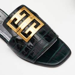 Pre Owned Givenchy Green Croc Embossed Leather 4G Flat Slides Size 38