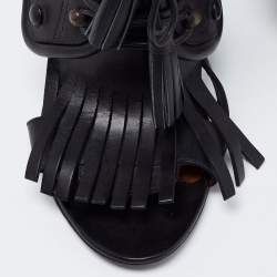 Givenchy Black Leather Fringe Detail  Open Toe Lace Up Ankle Booties Size 38