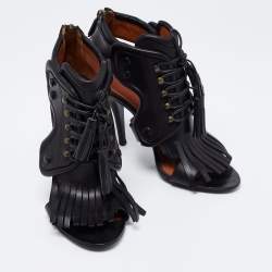 Givenchy Black Leather Fringe Detail  Open Toe Lace Up Ankle Booties Size 38