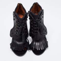 Givenchy Black Leather Fringe Detail  Open Toe Lace Up Ankle Booties Size 38