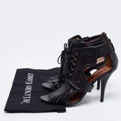 Givenchy Black Leather Fringe Detail  Open Toe Lace Up Ankle Booties Size 38