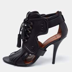 Givenchy Black Leather Fringe Detail  Open Toe Lace Up Ankle Booties Size 38