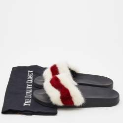 Givenchy White/Red Mink Fur Striped Flat Slides Size 38
