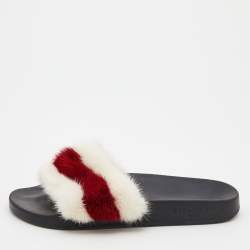 Women's Furry Slide Sandal in Black/white/red