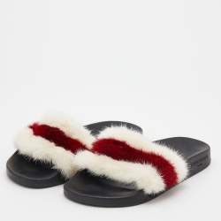 Givenchy White/Red Mink Fur Striped Flat Slides Size 38