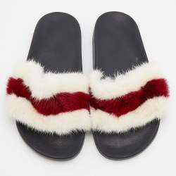 Givenchy White/Red Mink Fur Striped Flat Slides Size 38