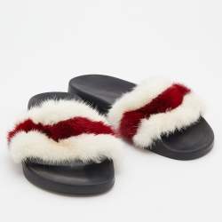 Givenchy White/Red Mink Fur Striped Flat Slides Size 38
