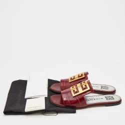 Pre Owned Givenchy Burgundy Croc Embossed Leather Flat Slide Sandals Size 37