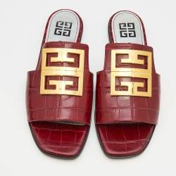 Pre Owned Givenchy Burgundy Croc Embossed Leather Flat Slide Sandals Size 37