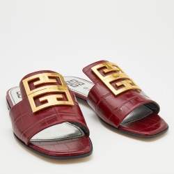 Pre Owned Givenchy Burgundy Croc Embossed Leather Flat Slide Sandals Size 37
