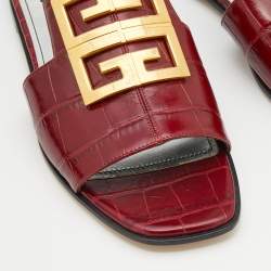 Pre Owned Givenchy Burgundy Croc Embossed Leather Flat Slide Sandals Size 37