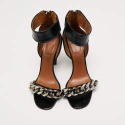 Givenchy Black Leather Chain Embellished Ankle Strap Sandals Size 37.5