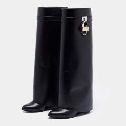Pre Owned Givenchy Black Leather Shark Lock Wedge Knee High Boots Size 38