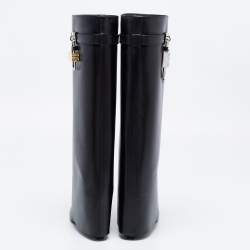 Pre Owned Givenchy Black Leather Shark Lock Wedge Knee High Boots Size 38