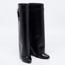 Pre Owned Givenchy Black Leather Shark Lock Wedge Knee High Boots Size 38