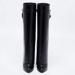 Pre Owned Givenchy Black Leather Shark Lock Wedge Knee High Boots Size 38