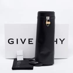 Pre Owned Givenchy Black Leather Shark Lock Wedge Knee High Boots Size 38
