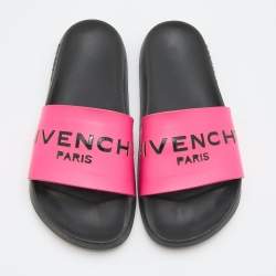 Pre Owned Givenchy Pink/Black Leather and Rubber Logo Flat Slides Size 38
