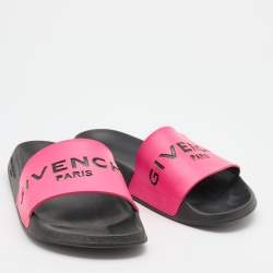 Pre Owned Givenchy Pink/Black Leather and Rubber Logo Flat Slides Size 38
