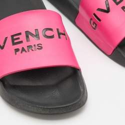 Pre Owned Givenchy Pink/Black Leather and Rubber Logo Flat Slides Size 38