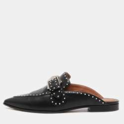 Pre Owned Givenchy Black Studded Leather Buckle Logo Detail Flat Mules Size 36