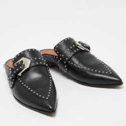 Pre Owned Givenchy Black Studded Leather Buckle Logo Detail Flat Mules Size 36