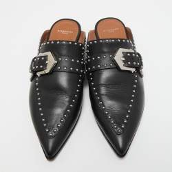 Pre Owned Givenchy Black Studded Leather Buckle Logo Detail Flat Mules Size 36
