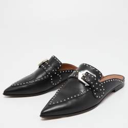 Pre Owned Givenchy Black Studded Leather Buckle Logo Detail Flat Mules Size 36