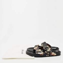 Givenchy Black Leather Floral Print Double Buckle Flat Slides Size 40  
