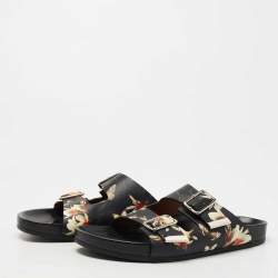 Givenchy Black Leather Floral Print Double Buckle Flat Slides Size 40  