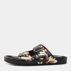 Givenchy Black Leather Floral Print Double Buckle Flat Slides Size 40  