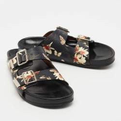 Givenchy Black Leather Floral Print Double Buckle Flat Slides Size 40  