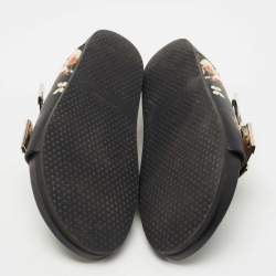 Givenchy Black Leather Floral Print Double Buckle Flat Slides Size 40  