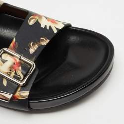 Givenchy Black Leather Floral Print Double Buckle Flat Slides Size 40  