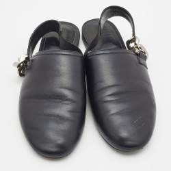 Pre Owned Givenchy Black Leather G-Chain Slingback Flat Mules Size 37.5