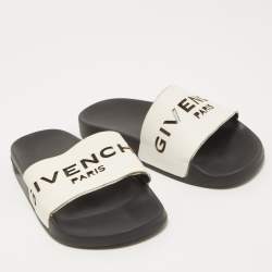 Pre Owned Givenchy White/Black Leather Laser Cut Logo Slides Size 36
