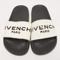 Pre Owned Givenchy White/Black Leather Laser Cut Logo Slides Size 36