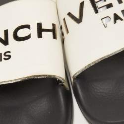 Pre Owned Givenchy White/Black Leather Laser Cut Logo Slides Size 36
