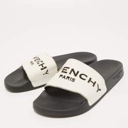 Pre Owned Givenchy White/Black Leather Laser Cut Logo Slides Size 36