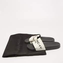 Pre Owned Givenchy White/Black Leather Laser Cut Logo Slides Size 36