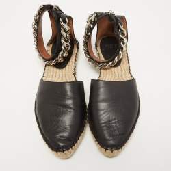 Pre Owned Givenchy Black Leather Chain Ankle Strap Espadrille Flats Size 38 