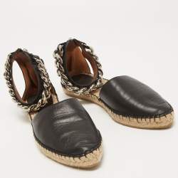 Pre Owned Givenchy Black Leather Chain Ankle Strap Espadrille Flats Size 38 